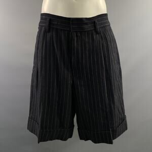 DRIES VAN NOTEN Size 38 Navy Beige Pinstripe Wool  Linen Pleated Shorts